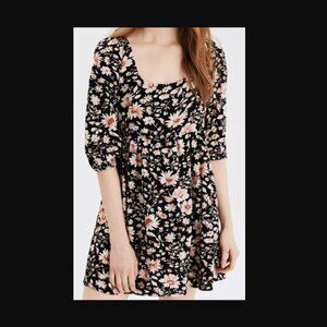 American Eagle Floral Babydoll Mini Dress Black Peach Tassel Tie Size Large